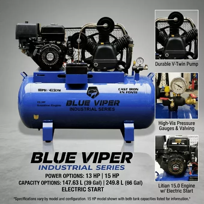 15HP & 13 HP Gas Air Compressor with Electric Start – 66 & 39 Gallon Tank Options | Heavy-Duty Portable Unit