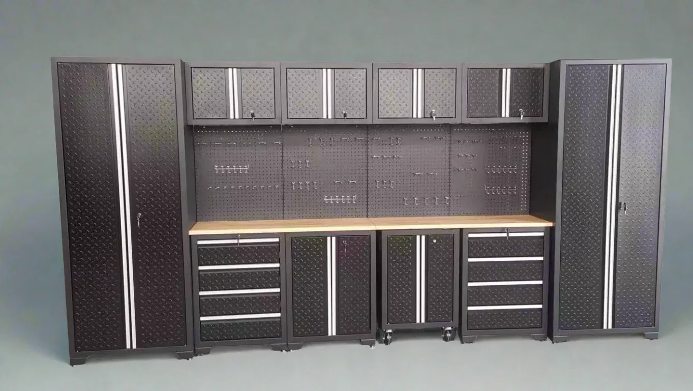 17 & 13-Piece Diamond Plate Garage Cabinet Set – Heavy-Duty Tool Bench & Storage System