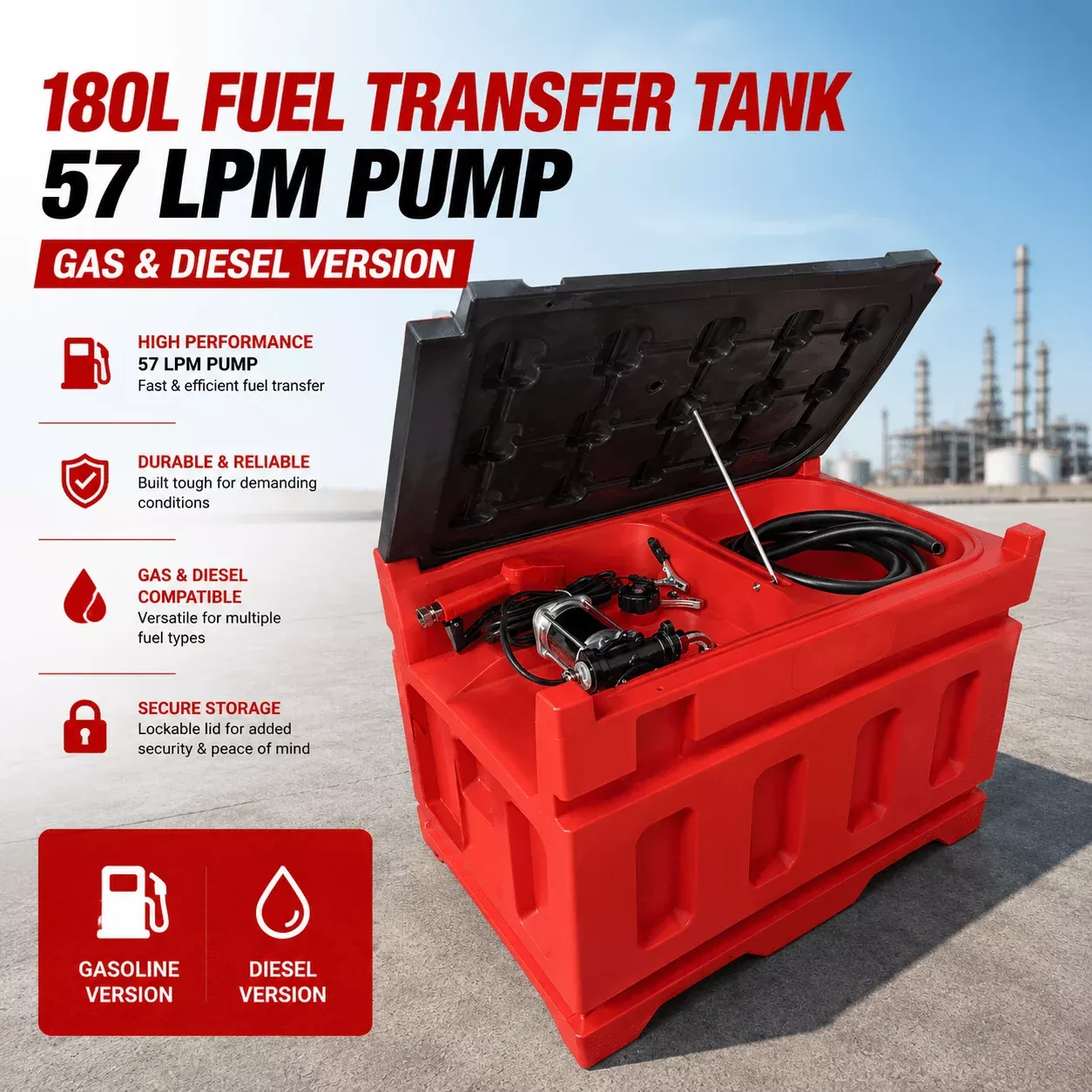 180L Fuel Transfer Tank – 57 LPM Pump, Diesel & Gas Options Available