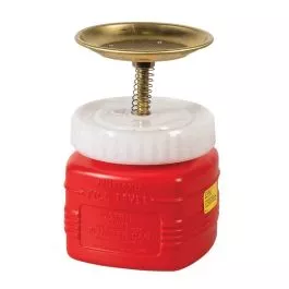 Justrite 14018 1 Quart Plastic Plunger Dispensing Can, Perforated Pan Screen Serves as Flame Arrester, Red