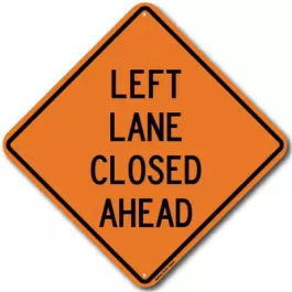 "Left Lane Closed Ahead" Dicke Safety Roll-up Signs - Orange, Reflective, 48", 5/16"V & 3/16"H, 4-Pockets:RUR48-100-W20-5L