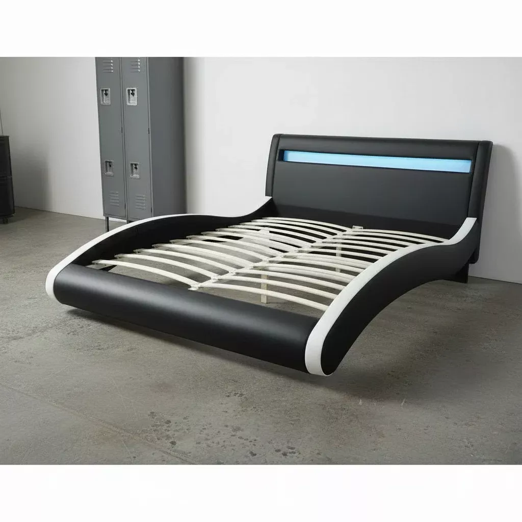 Modern Bonded Leather LED Bed Frame – Upholstered Platform Bed with Lighted Headboard
